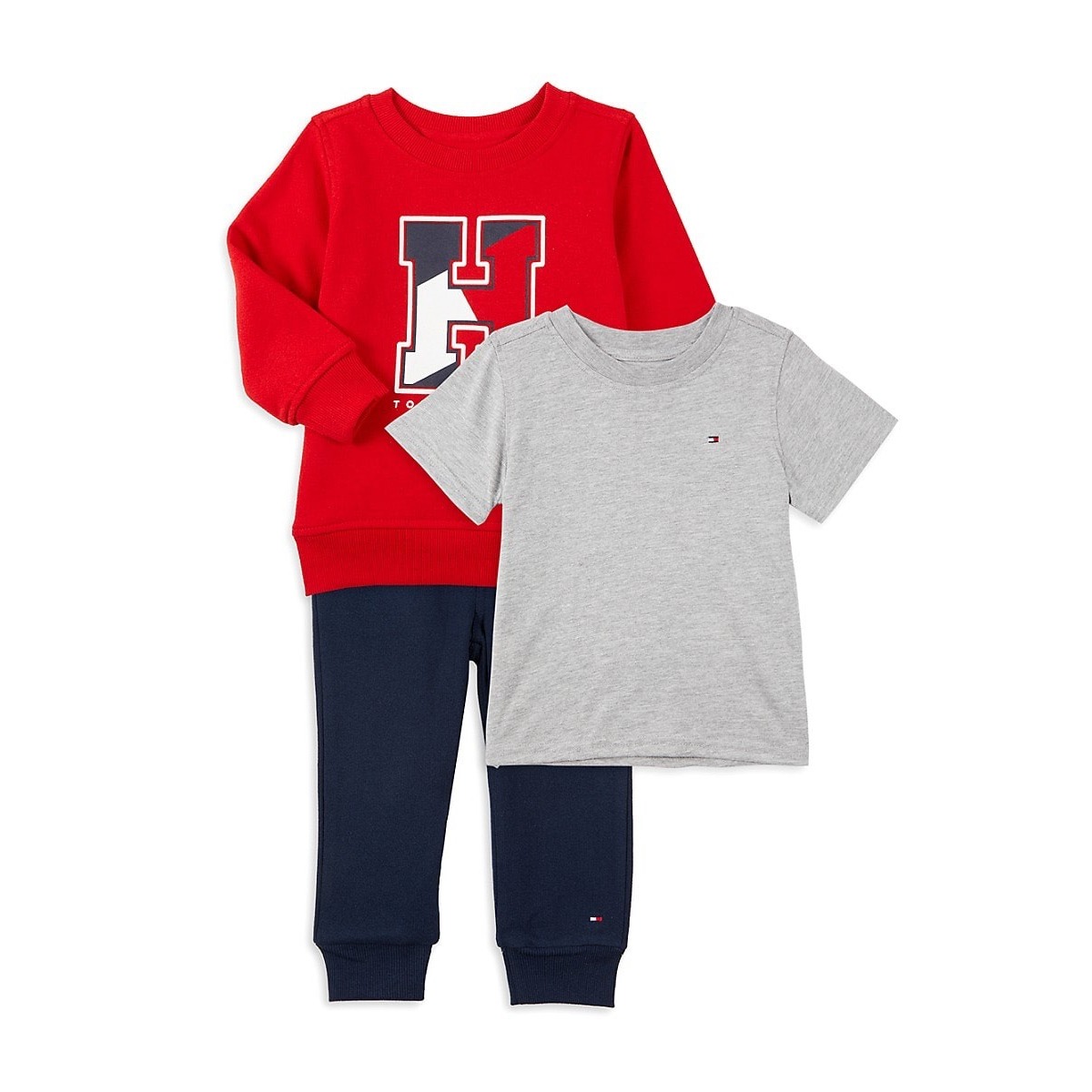 Tommy Hilfiger Baby Boys Basic Tshirt Fleece Crewneck And Joggers 3 Pc Set - Red